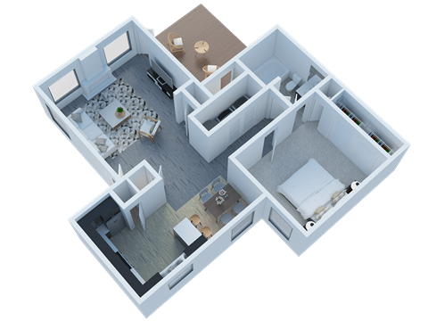 Floor plan for 1 bed, 1 bath, 858 sqft
